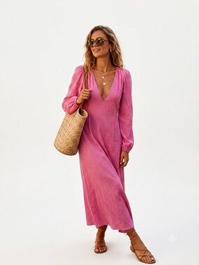 ASOS Women’s Pink V-Neck Long Sleeve Maxi Dress